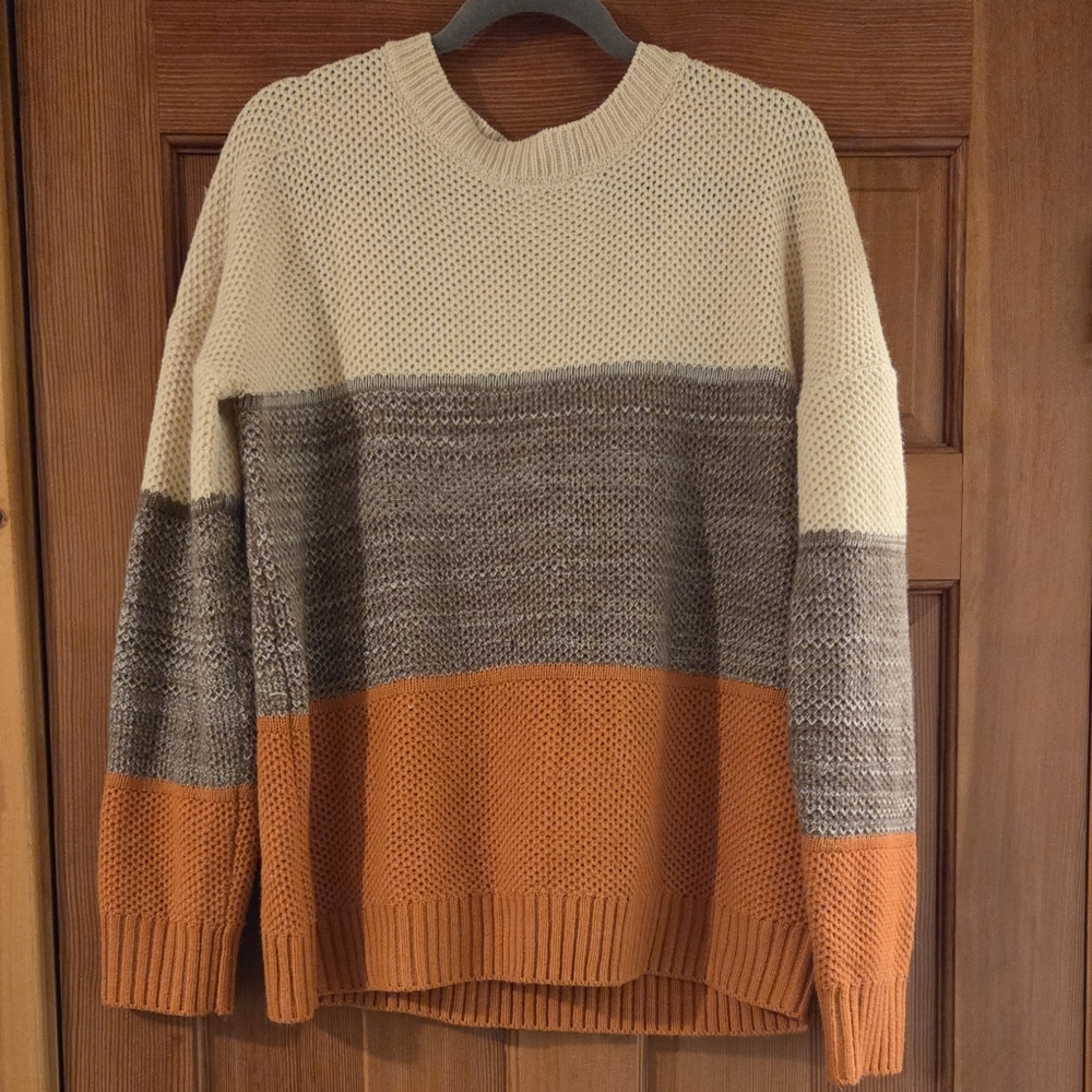 Color Block Sweater in Cream, Gray, and Orange Perfect Beach Campfire Crewneck